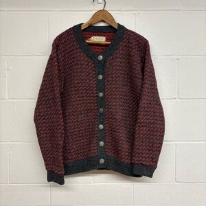 L.L. Bean Nordic Red & Black Wool Knit Cardigan Sweater
